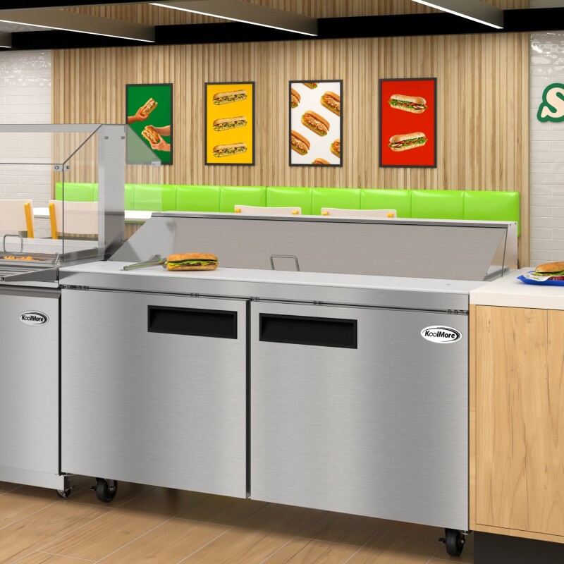 60 in. Commercial 2-Door Refrigerated Salad and Sandwich Prep Table, 16 Pan Capacity and 18.4 Cu. Ft. of Storage in Stainless-Steel KMPTR602D, product image 6 of 13