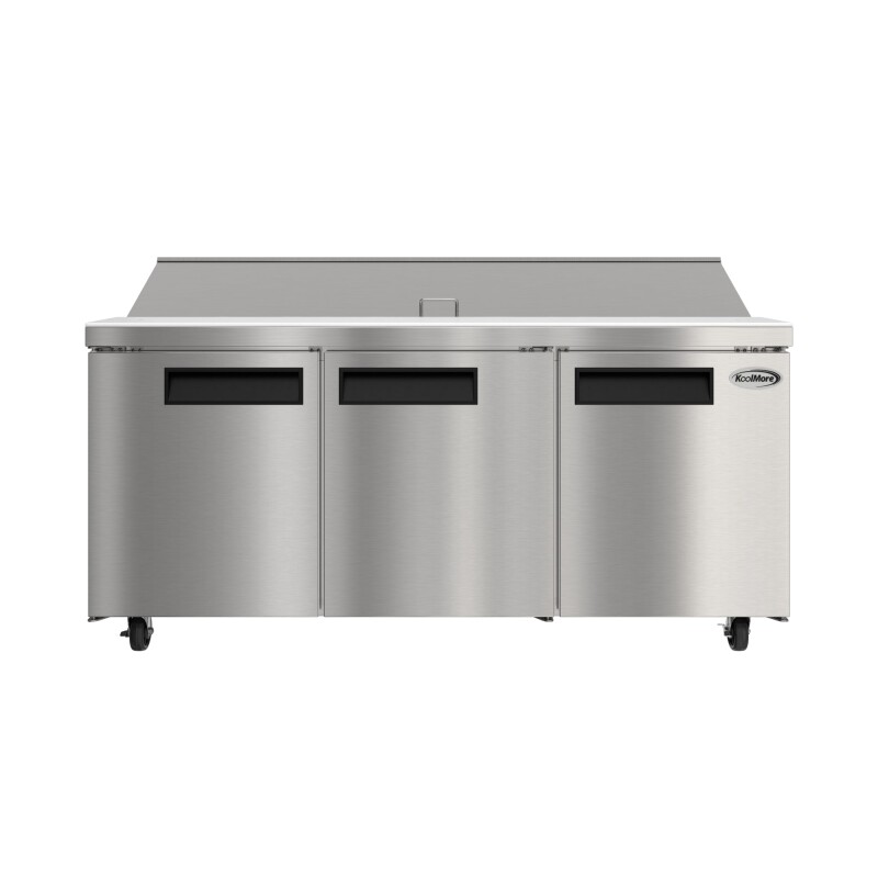 70 in. Commercial 3-Door Refrigerated Salad and Sandwich Prep Table, 18 Pan Capacity and 22 Cu. Ft. of Storage in Stainless-Steel KMPTR703D