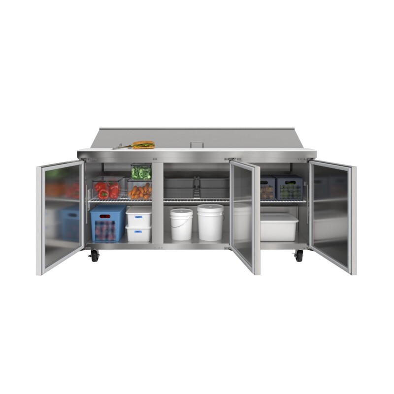 70 in. Commercial 3-Door Refrigerated Salad and Sandwich Prep Table, 18 Pan Capacity and 22 Cu. Ft. of Storage in Stainless-Steel KMPTR703D, product image 2 of 13