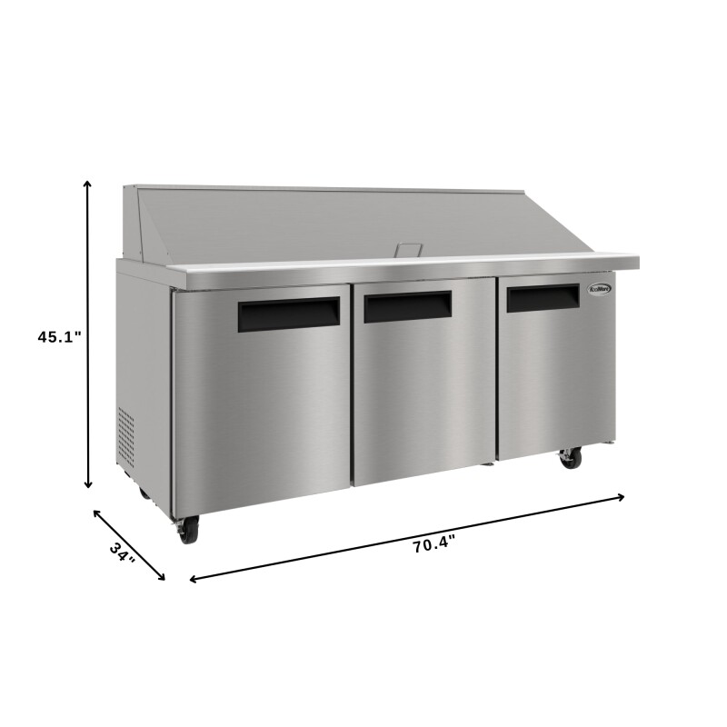 70 in. Commercial 3-Door Refrigerated Salad and Sandwich Prep Table, 18 Pan Capacity and 22 Cu. Ft. of Storage in Stainless-Steel KMPTR703D, product image 3 of 13