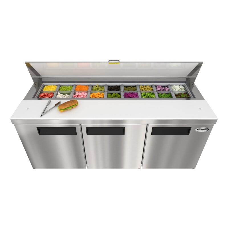 70 in. Commercial 3-Door Refrigerated Salad and Sandwich Prep Table, 18 Pan Capacity and 22 Cu. Ft. of Storage in Stainless-Steel KMPTR703D, product image 4 of 13