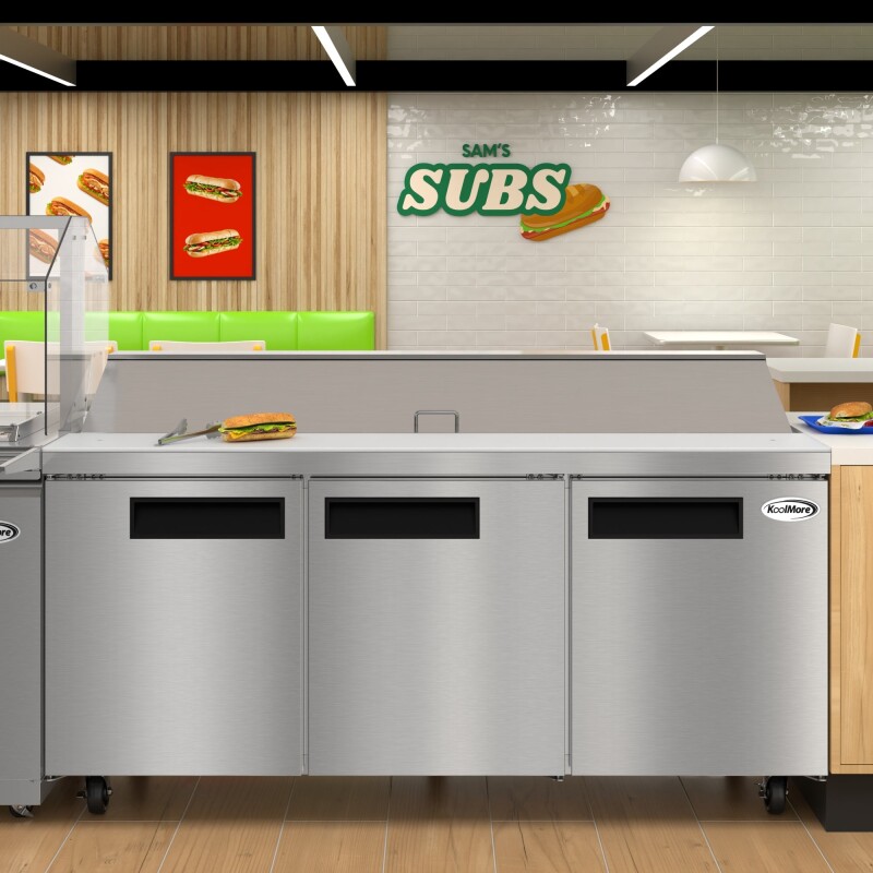 70 in. Commercial 3-Door Refrigerated Salad and Sandwich Prep Table, 18 Pan Capacity and 22 Cu. Ft. of Storage in Stainless-Steel KMPTR703D, product image 5 of 13