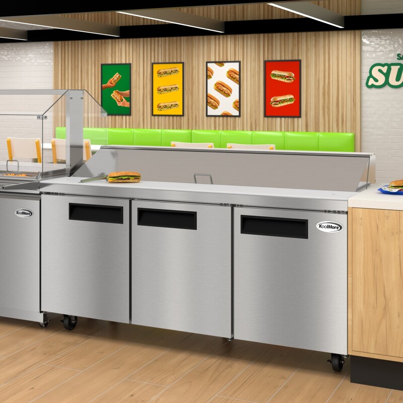 70 in. Commercial 3-Door Refrigerated Salad and Sandwich Prep Table, 18 Pan Capacity and 22 Cu. Ft. of Storage in Stainless-Steel KMPTR703D, product image 6 of 13