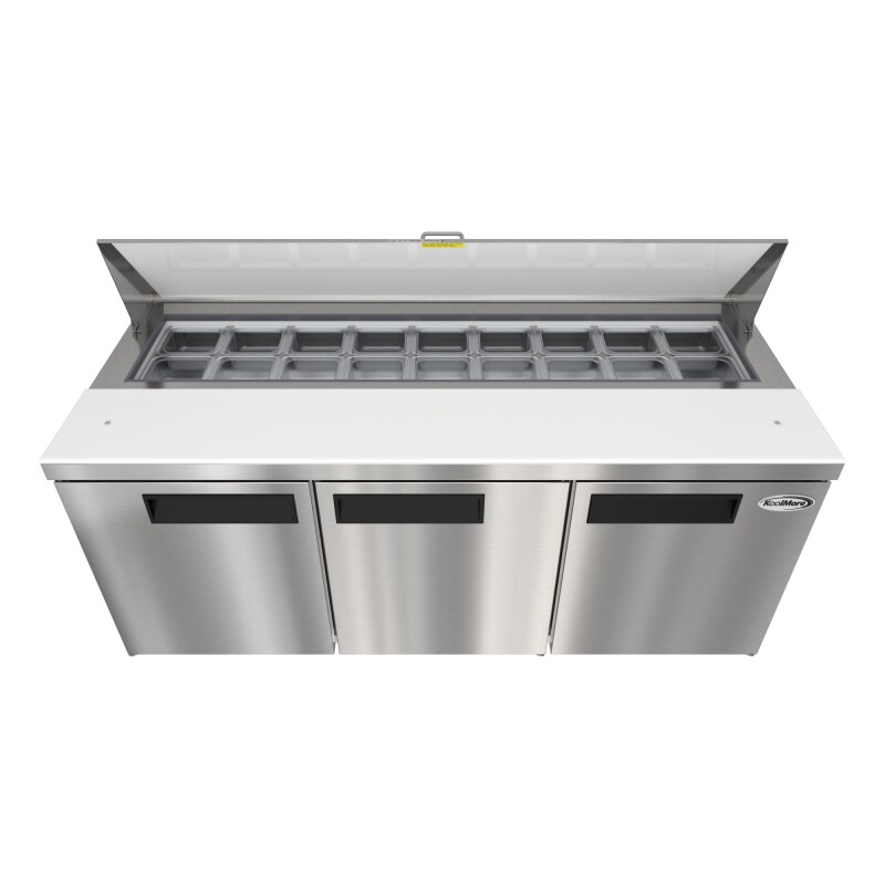 70 in. Commercial 3-Door Refrigerated Salad and Sandwich Prep Table, 18 Pan Capacity and 22 Cu. Ft. of Storage in Stainless-Steel KMPTR703D, product image 7 of 13