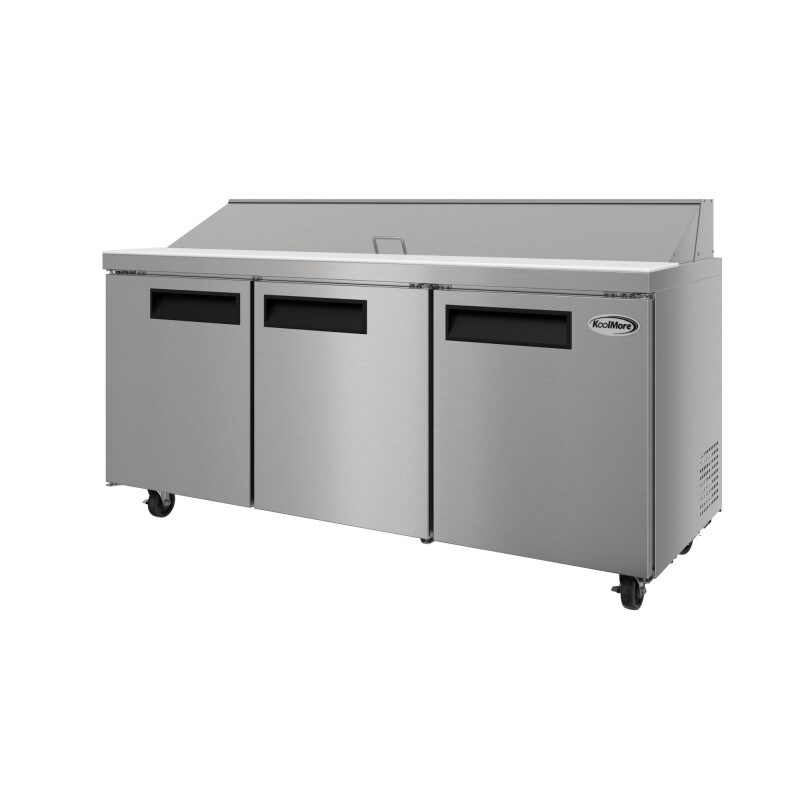 70 in. Commercial 3-Door Refrigerated Salad and Sandwich Prep Table, 18 Pan Capacity and 22 Cu. Ft. of Storage in Stainless-Steel KMPTR703D, product image 9 of 13