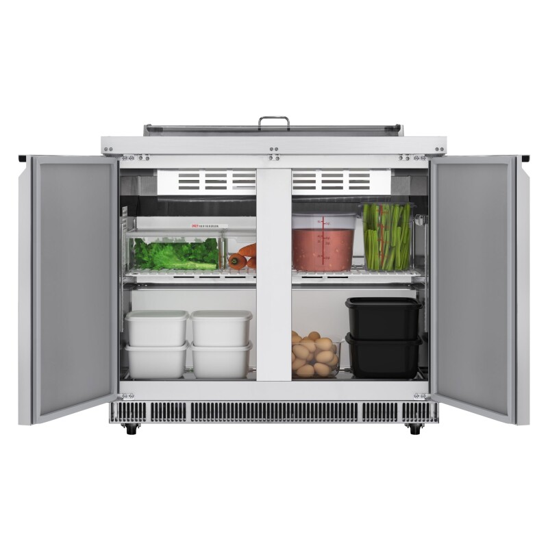 36 in. Commercial Refrigerated Prep Station Cold Table, Stainless-Steel Refrigerator with 6-PanNot Included with Cover Capacity and Two Adjustable Shelves KMRBT36C, product image 2 of 11