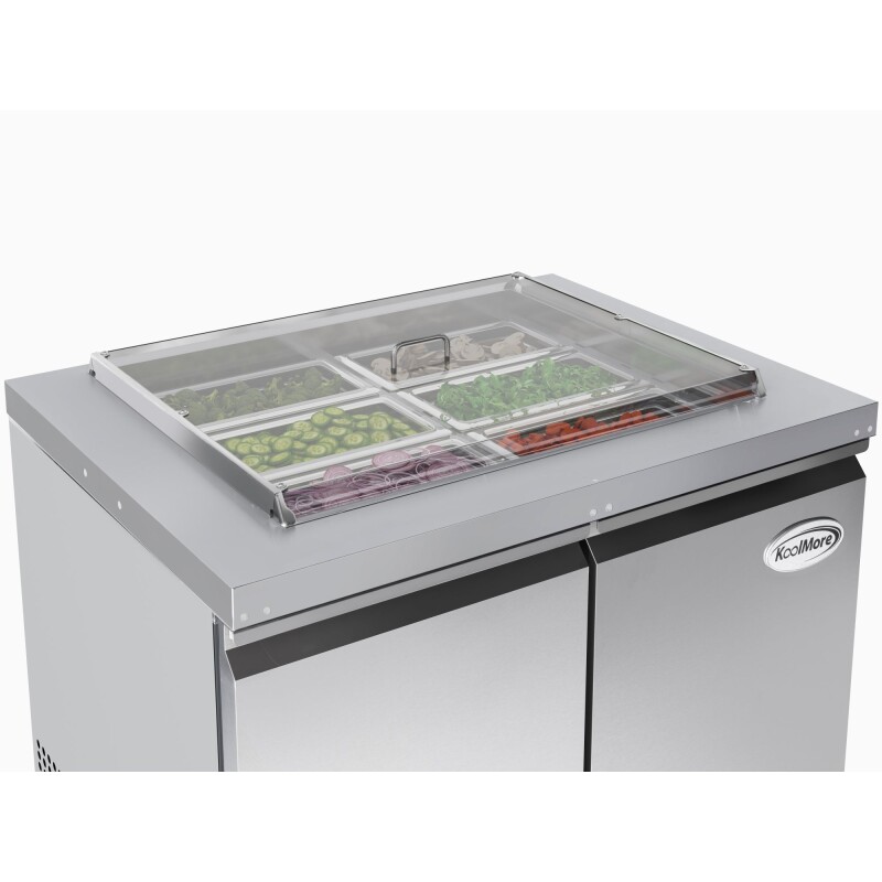 36 in. Commercial Refrigerated Prep Station Cold Table, Stainless-Steel Refrigerator with 6-PanNot Included with Cover Capacity and Two Adjustable Shelves KMRBT36C, product image 4 of 11