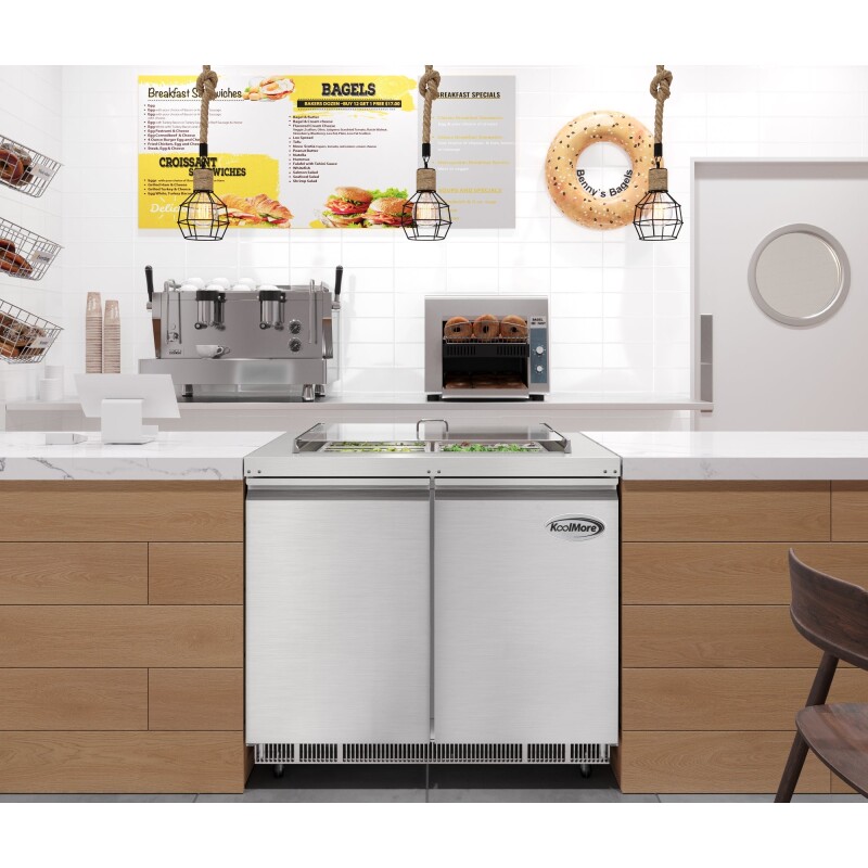 36 in. Commercial Refrigerated Prep Station Cold Table, Stainless-Steel Refrigerator with 6-PanNot Included with Cover Capacity and Two Adjustable Shelves KMRBT36C, product image 5 of 11