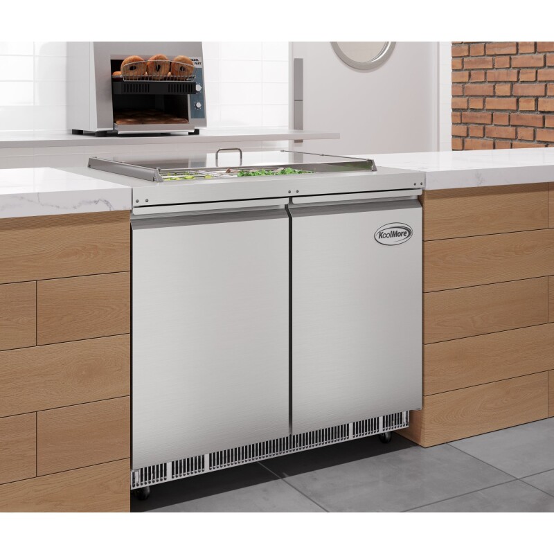 36 in. Commercial Refrigerated Prep Station Cold Table, Stainless-Steel Refrigerator with 6-PanNot Included with Cover Capacity and Two Adjustable Shelves KMRBT36C, product image 6 of 11