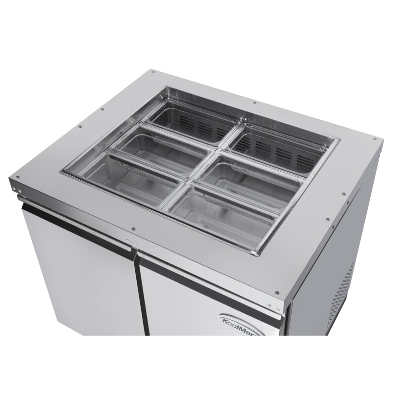 36 in. Commercial Refrigerated Prep Station Cold Table, Stainless-Steel Refrigerator with 6-PanNot Included with Cover Capacity and Two Adjustable Shelves KMRBT36C, product image 7 of 11