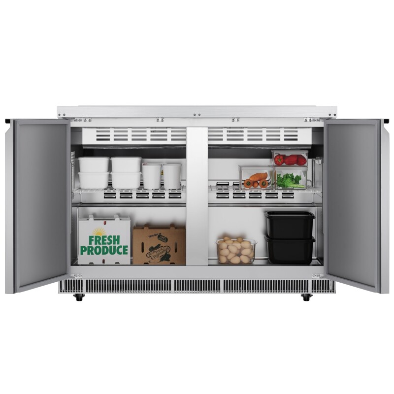 48 in. Commercial Refrigerated Prep Station Cold Table, Stainless-Steel Refrigerator with 9-PanNot Included Capacity with Cover and Two Adjustable Shelves, ETL Listed KMRBT48C, product image 2 of 11