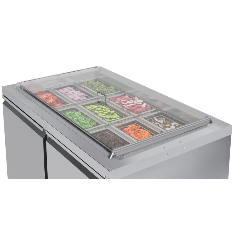 48 in. Commercial Refrigerated Prep Station Cold Table, Stainless-Steel Refrigerator with 9-PanNot Included Capacity with Cover and Two Adjustable Shelves, ETL Listed KMRBT48C, product image 4 of 11
