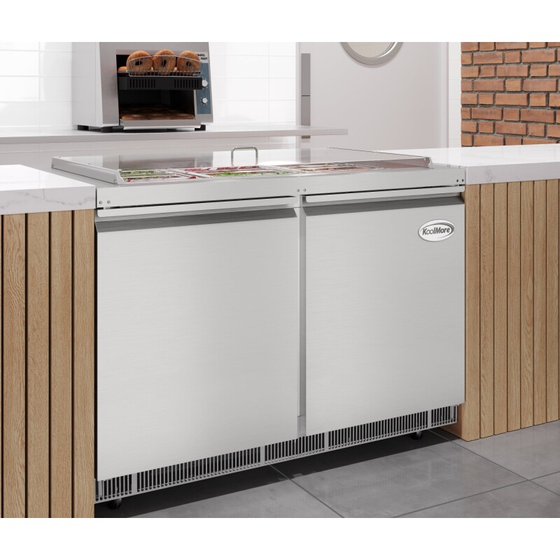 48 in. Commercial Refrigerated Prep Station Cold Table, Stainless-Steel Refrigerator with 9-PanNot Included Capacity with Cover and Two Adjustable Shelves, ETL Listed KMRBT48C, product image 6 of 11