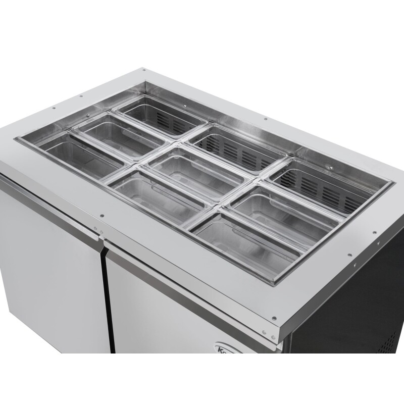 48 in. Commercial Refrigerated Prep Station Cold Table, Stainless-Steel Refrigerator with 9-PanNot Included Capacity with Cover and Two Adjustable Shelves, ETL Listed KMRBT48C, product image 7 of 11