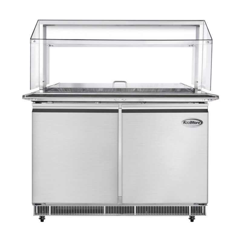 48 in. Commercial Refrigerated Prep Station with Sneeze Guard and Buffet Slide, 9-Pan CapacityNot Included with Covers and Two Adjustable Shelves in Stainless-Steel, ETL Listed KMRBT48CSFG