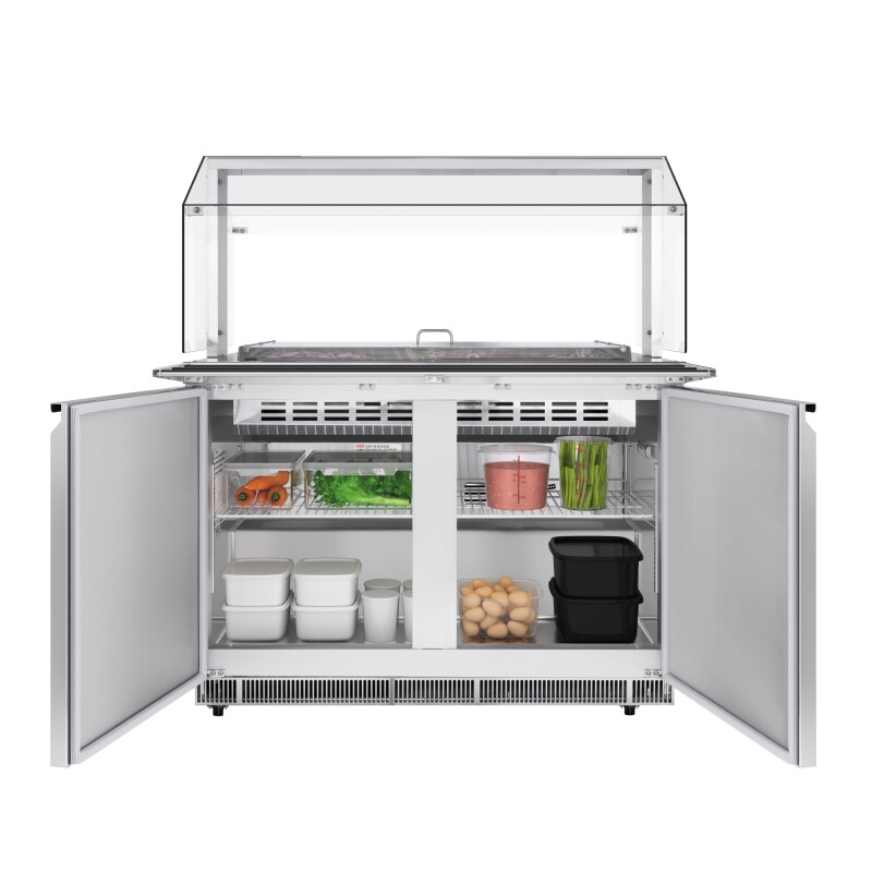 48 in. Commercial Refrigerated Prep Station with Sneeze Guard and Buffet Slide, 9-Pan CapacityNot Included with Covers and Two Adjustable Shelves in Stainless-Steel, ETL Listed KMRBT48CSFG, product image 2 of 9