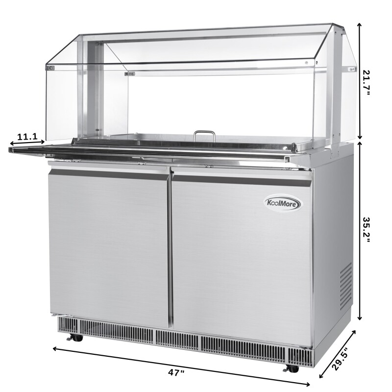48 in. Commercial Refrigerated Prep Station with Sneeze Guard and Buffet Slide, 9-Pan CapacityNot Included with Covers and Two Adjustable Shelves in Stainless-Steel, ETL Listed KMRBT48CSFG, product image 3 of 9
