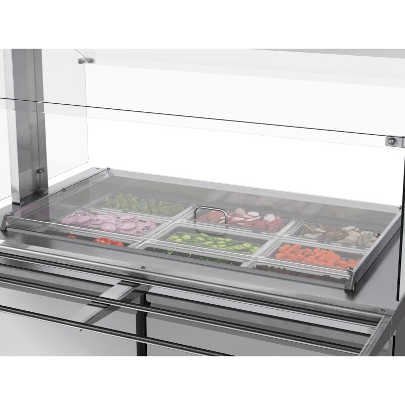 48 in. Commercial Refrigerated Prep Station with Sneeze Guard and Buffet Slide, 9-Pan CapacityNot Included with Covers and Two Adjustable Shelves in Stainless-Steel, ETL Listed KMRBT48CSFG, product image 4 of 9