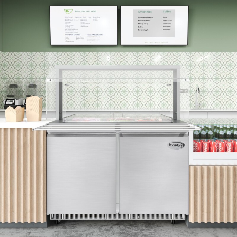 48 in. Commercial Refrigerated Prep Station with Sneeze Guard and Buffet Slide, 9-Pan CapacityNot Included with Covers and Two Adjustable Shelves in Stainless-Steel, ETL Listed KMRBT48CSFG, product image 5 of 9