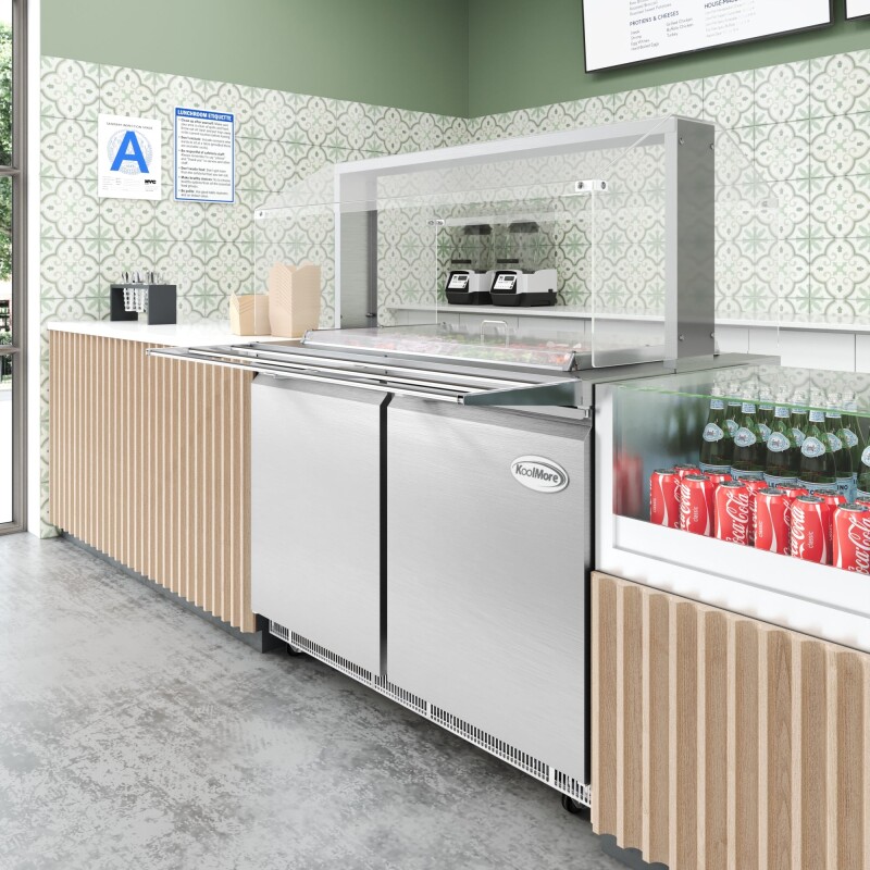 48 in. Commercial Refrigerated Prep Station with Sneeze Guard and Buffet Slide, 9-Pan CapacityNot Included with Covers and Two Adjustable Shelves in Stainless-Steel, ETL Listed KMRBT48CSFG, product image 6 of 9