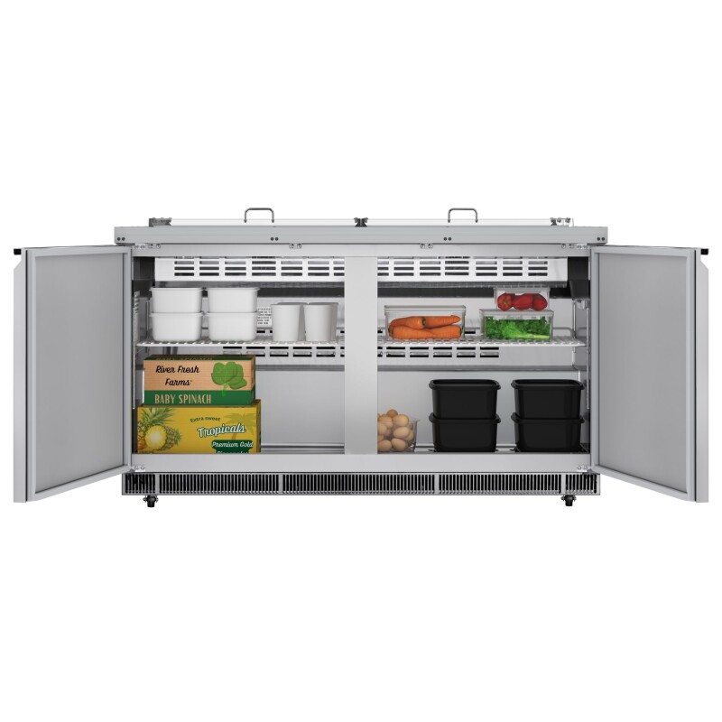 60 in. Commercial Refrigerated Prep Station Cold Table, Stainless-Steel Refrigerator with 12-PanNot Included Capacity with Cover and Two Adjustable Shelves, ETL Listed KMRBT60C, product image 2 of 11