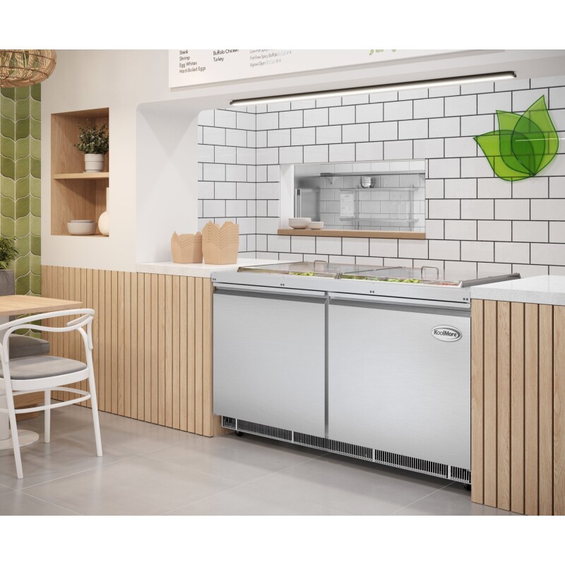 60 in. Commercial Refrigerated Prep Station Cold Table, Stainless-Steel Refrigerator with 12-PanNot Included Capacity with Cover and Two Adjustable Shelves, ETL Listed KMRBT60C, product image 6 of 11