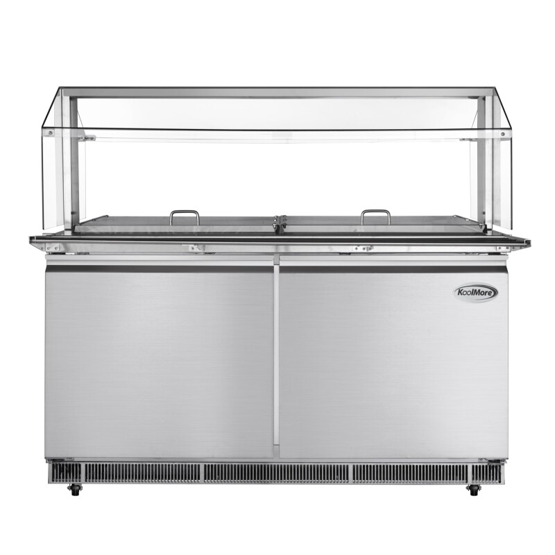 60 in. Commercial Refrigerated Prep Station with Sneeze Guard and Buffet Slide, 12-PanNot Included Capacity with Covers and Two Adjustable Shelves in Stainless-Steel, ETL Listed KMRBT60CSFG