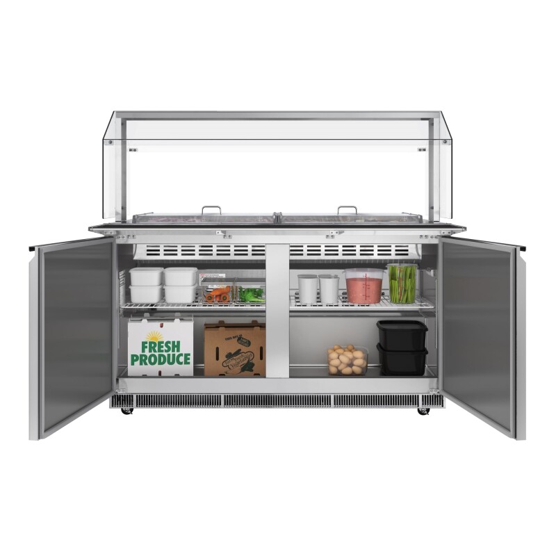 60 in. Commercial Refrigerated Prep Station with Sneeze Guard and Buffet Slide, 12-PanNot Included Capacity with Covers and Two Adjustable Shelves in Stainless-Steel, ETL Listed KMRBT60CSFG, product image 2 of 9