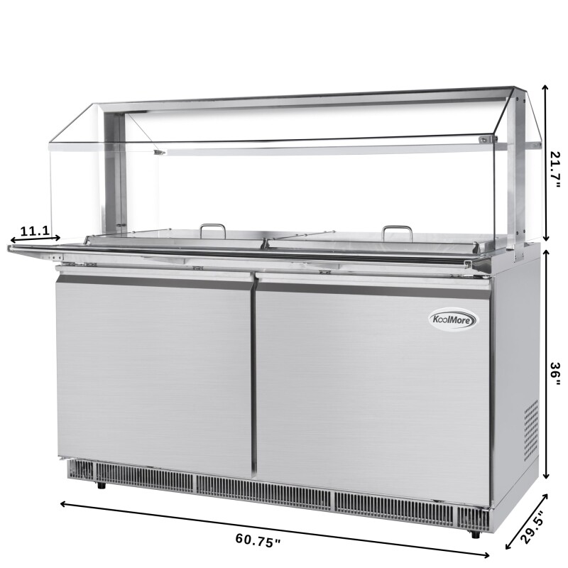 60 in. Commercial Refrigerated Prep Station with Sneeze Guard and Buffet Slide, 12-PanNot Included Capacity with Covers and Two Adjustable Shelves in Stainless-Steel, ETL Listed KMRBT60CSFG, product image 3 of 9