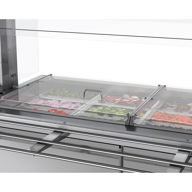 60 in. Commercial Refrigerated Prep Station with Sneeze Guard and Buffet Slide, 12-PanNot Included Capacity with Covers and Two Adjustable Shelves in Stainless-Steel, ETL Listed KMRBT60CSFG, product image 4 of 9