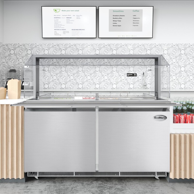 60 in. Commercial Refrigerated Prep Station with Sneeze Guard and Buffet Slide, 12-PanNot Included Capacity with Covers and Two Adjustable Shelves in Stainless-Steel, ETL Listed KMRBT60CSFG, product image 5 of 9