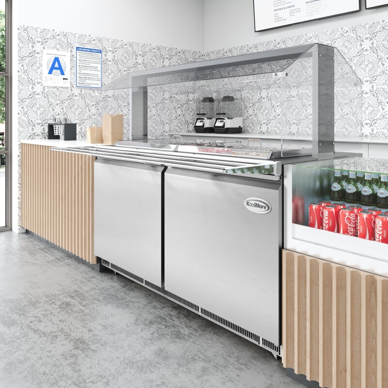 60 in. Commercial Refrigerated Prep Station with Sneeze Guard and Buffet Slide, 12-PanNot Included Capacity with Covers and Two Adjustable Shelves in Stainless-Steel, ETL Listed KMRBT60CSFG, product image 6 of 9