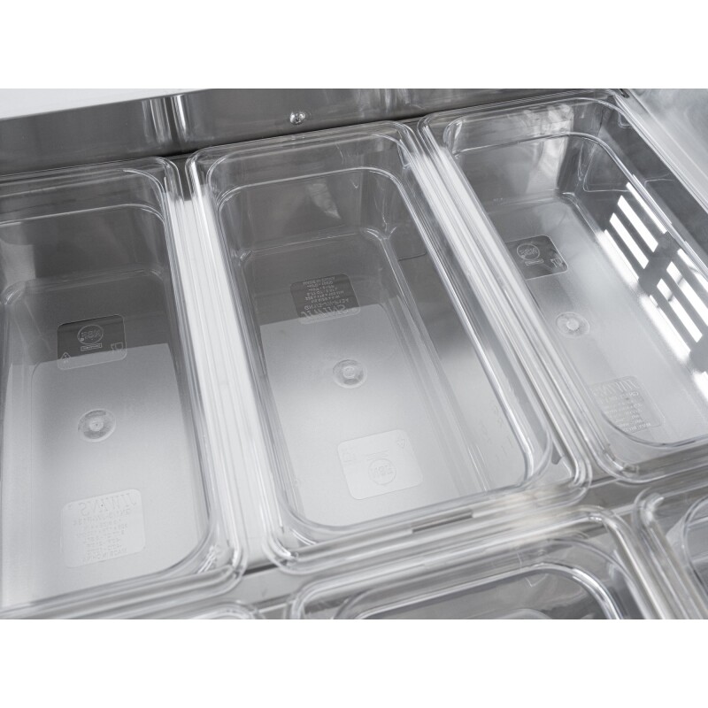 60 in. Commercial Refrigerated Prep Station with Sneeze Guard and Buffet Slide, 12-PanNot Included Capacity with Covers and Two Adjustable Shelves in Stainless-Steel, ETL Listed KMRBT60CSFG, product image 7 of 9