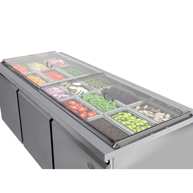 72 in. Commercial Refrigerated Prep Station Cold Table, Stainless-Steel Refrigerator with 15-PanNot Included Capacity with Cover and Three Adjustable Shelves, ETL Listed KMRBT72C, product image 4 of 10