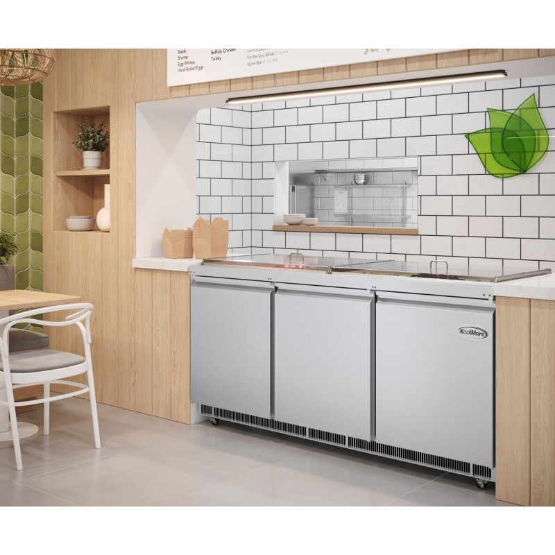 72 in. Commercial Refrigerated Prep Station Cold Table, Stainless-Steel Refrigerator with 15-PanNot Included Capacity with Cover and Three Adjustable Shelves, ETL Listed KMRBT72C, product image 6 of 10