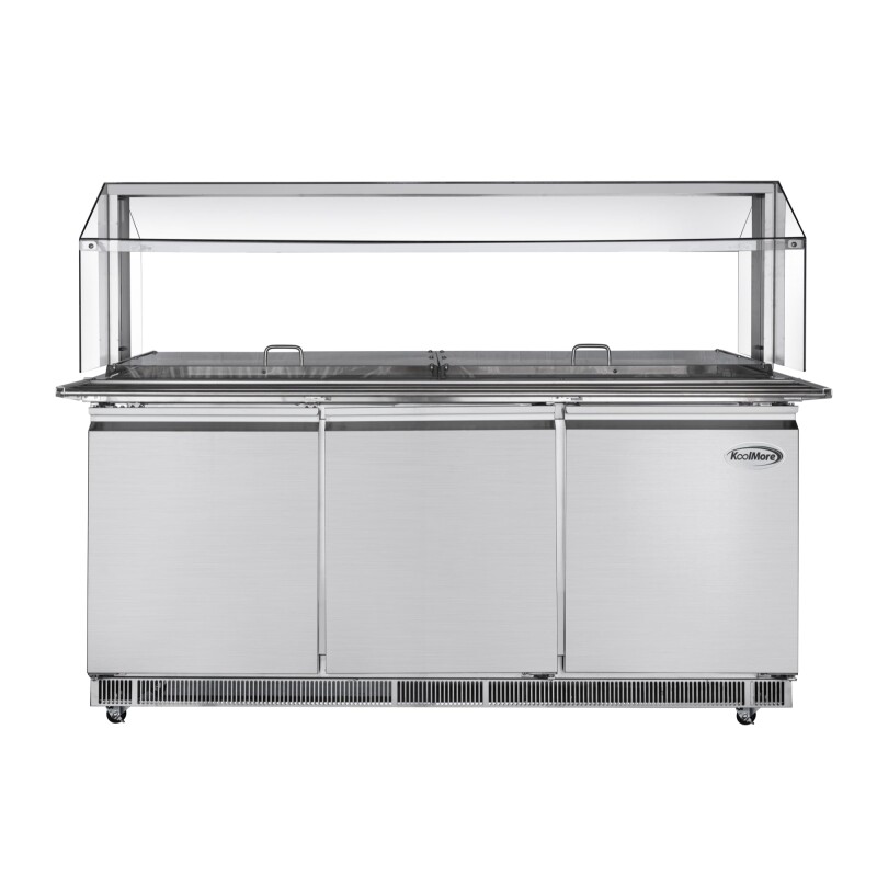 72 in. Commercial Refrigerated Prep Station with Sneeze Guard and Buffet Slide, 15-PanNot Included Capacity and Three Adjustable Shelves in Stainless-Steel, ETL Listed KMRBT72CSFG