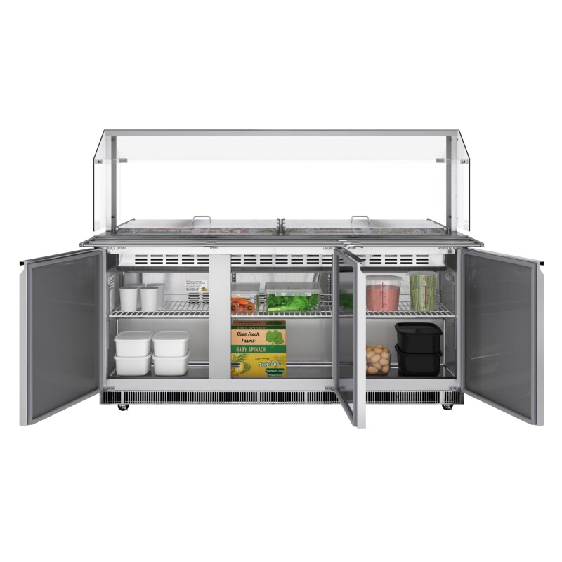 72 in. Commercial Refrigerated Prep Station with Sneeze Guard and Buffet Slide, 15-PanNot Included Capacity and Three Adjustable Shelves in Stainless-Steel, ETL Listed KMRBT72CSFG, product image 2 of 9