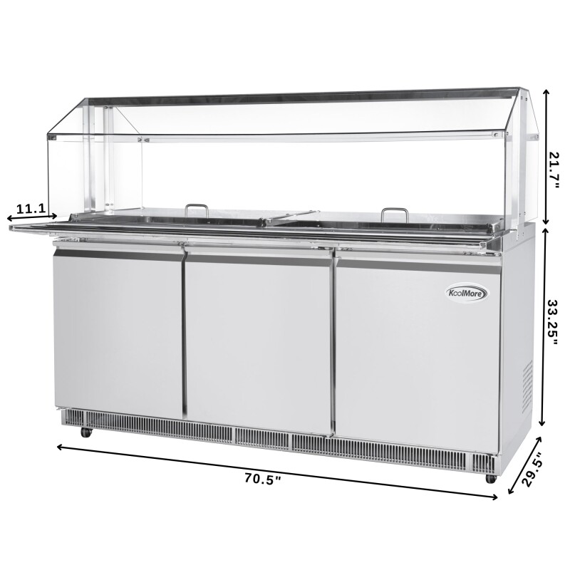 72 in. Commercial Refrigerated Prep Station with Sneeze Guard and Buffet Slide, 15-PanNot Included Capacity and Three Adjustable Shelves in Stainless-Steel, ETL Listed KMRBT72CSFG, product image 3 of 9