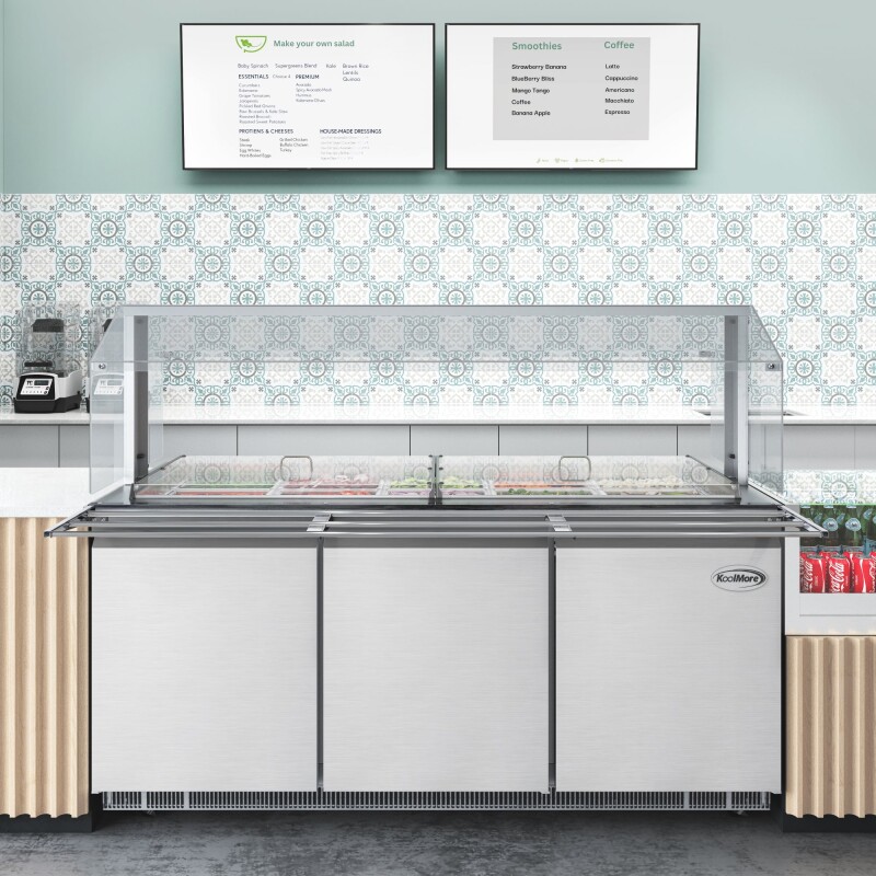72 in. Commercial Refrigerated Prep Station with Sneeze Guard and Buffet Slide, 15-PanNot Included Capacity and Three Adjustable Shelves in Stainless-Steel, ETL Listed KMRBT72CSFG, product image 5 of 9