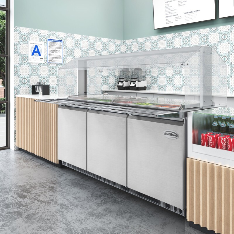72 in. Commercial Refrigerated Prep Station with Sneeze Guard and Buffet Slide, 15-PanNot Included Capacity and Three Adjustable Shelves in Stainless-Steel, ETL Listed KMRBT72CSFG, product image 6 of 9