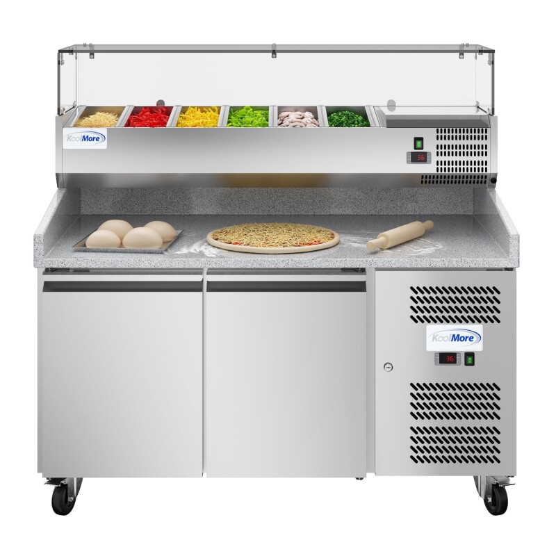 59 in. Commercial Refrigerated Granite Top Pizza Prep Station with Stainless Steel Refrigerated Condiment Pan Holder KMRPCPS2D59GRT