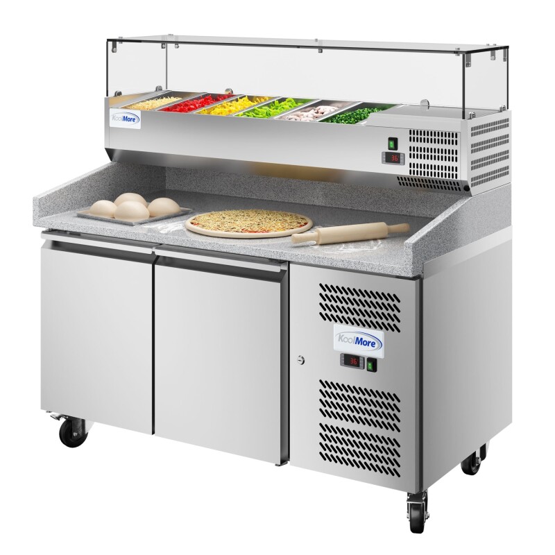 59 in. Commercial Refrigerated Granite Top Pizza Prep Station with Stainless Steel Refrigerated Condiment Pan Holder KMRPCPS2D59GRT, product image 2 of 13