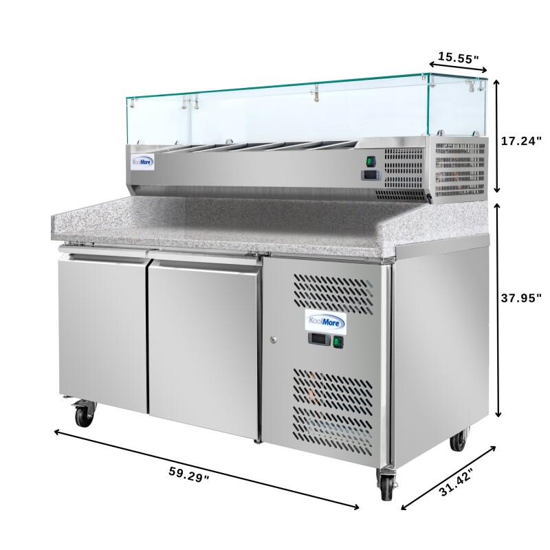 59 in. Commercial Refrigerated Granite Top Pizza Prep Station with Stainless Steel Refrigerated Condiment Pan Holder KMRPCPS2D59GRT, product image 3 of 13