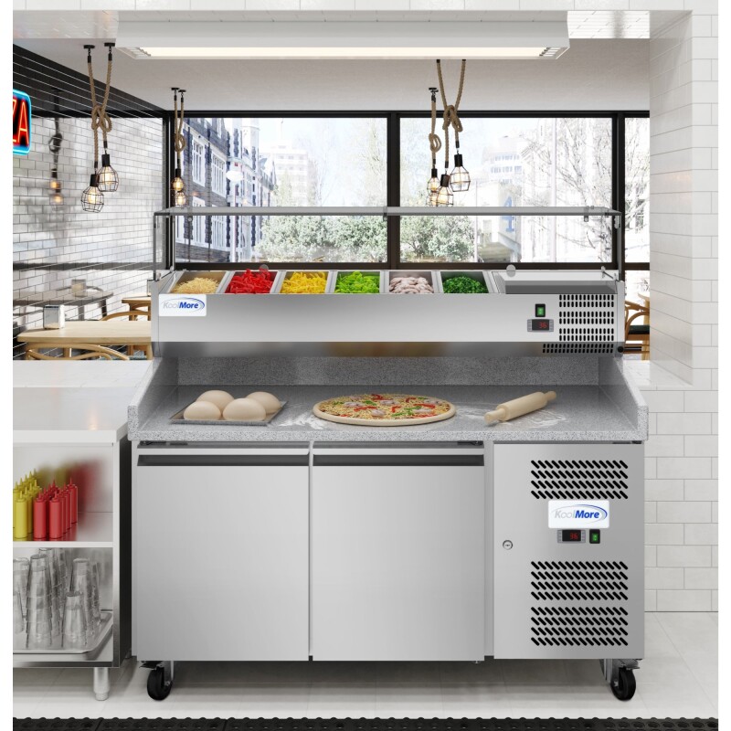 59 in. Commercial Refrigerated Granite Top Pizza Prep Station with Stainless Steel Refrigerated Condiment Pan Holder KMRPCPS2D59GRT, product image 4 of 13