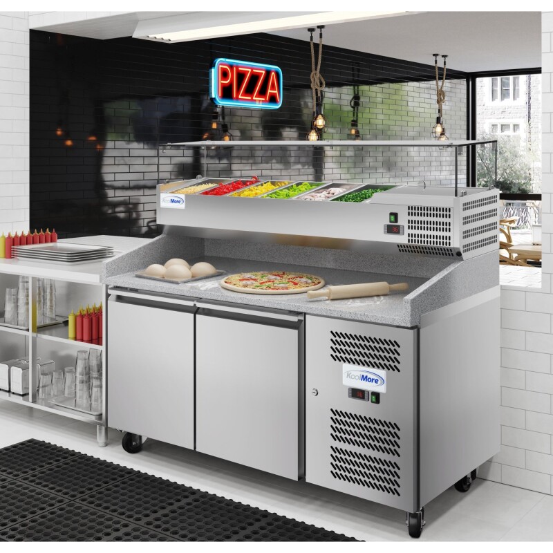 59 in. Commercial Refrigerated Granite Top Pizza Prep Station with Stainless Steel Refrigerated Condiment Pan Holder KMRPCPS2D59GRT, product image 5 of 13