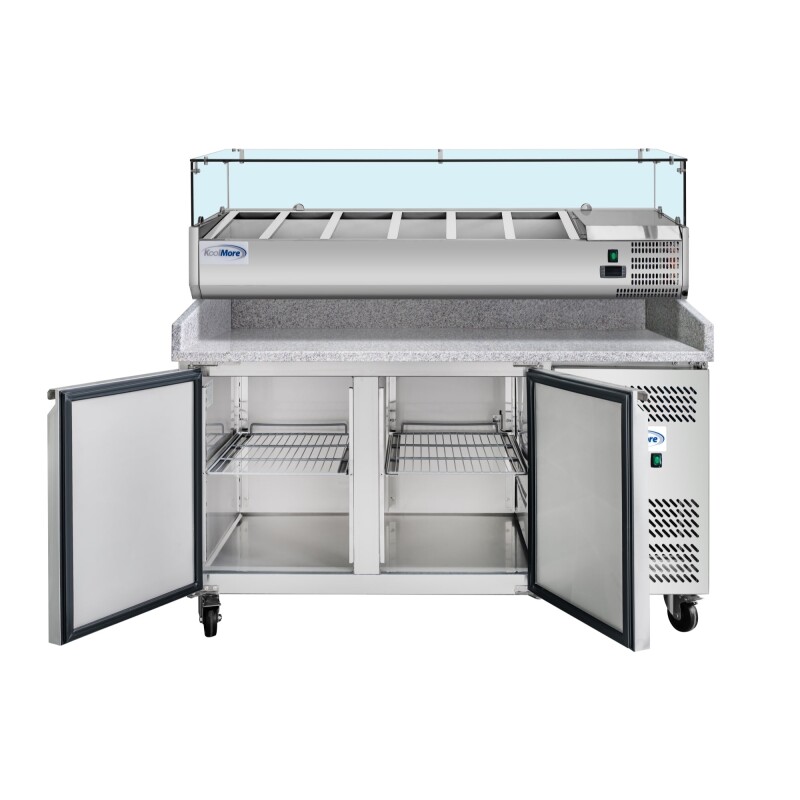 59 in. Commercial Refrigerated Granite Top Pizza Prep Station with Stainless Steel Refrigerated Condiment Pan Holder KMRPCPS2D59GRT, product image 6 of 13