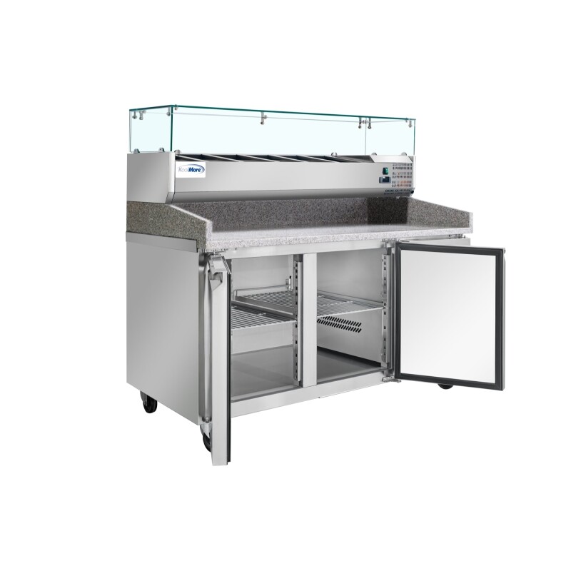 59 in. Commercial Refrigerated Granite Top Pizza Prep Station with Stainless Steel Refrigerated Condiment Pan Holder KMRPCPS2D59GRT, product image 7 of 13