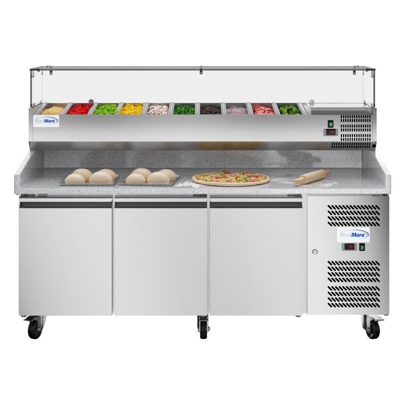 79 in. Three-Door Commercial Refrigerated Granite Top Pizza Prep Station With a Refrigerated Stainless-Steel Condiment Pan Holder KMRPCPS2D79GRT