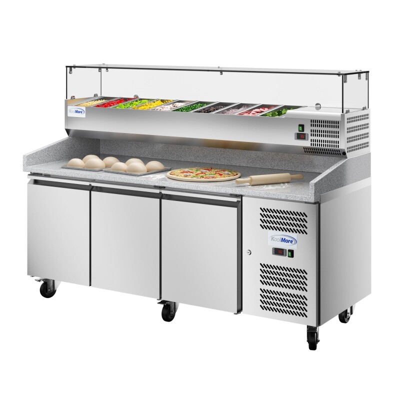 79 in. Three-Door Commercial Refrigerated Granite Top Pizza Prep Station With a Refrigerated Stainless-Steel Condiment Pan Holder KMRPCPS2D79GRT, product image 2 of 13