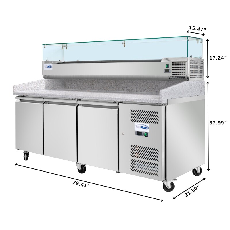 79 in. Three-Door Commercial Refrigerated Granite Top Pizza Prep Station With a Refrigerated Stainless-Steel Condiment Pan Holder KMRPCPS2D79GRT, product image 3 of 13